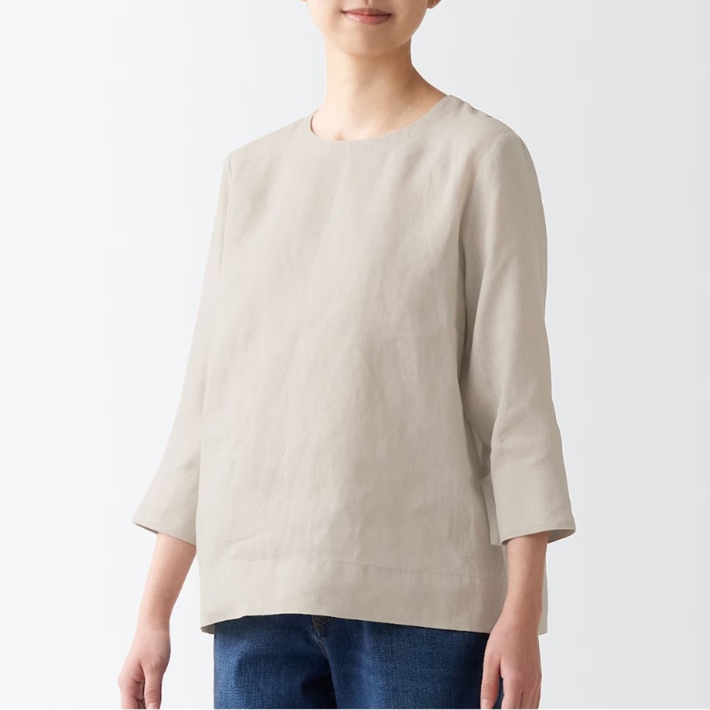 Brand New MUJI Women’s Washed Linen 3/4 Sleeve Blouse Pale Brown S Size